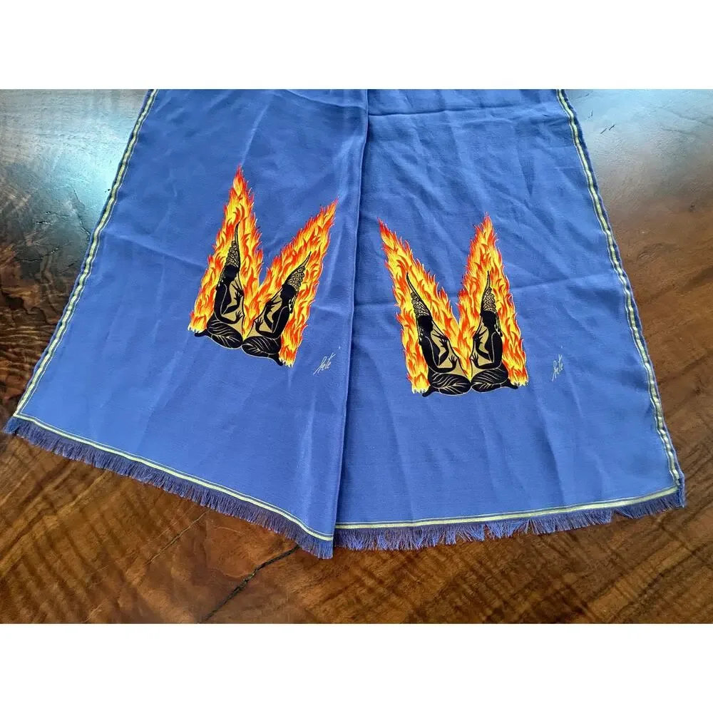 RARE Vintage Erte Silk Alphabet Scarf Letter M Art Deco Blue Hand Rolled Hem